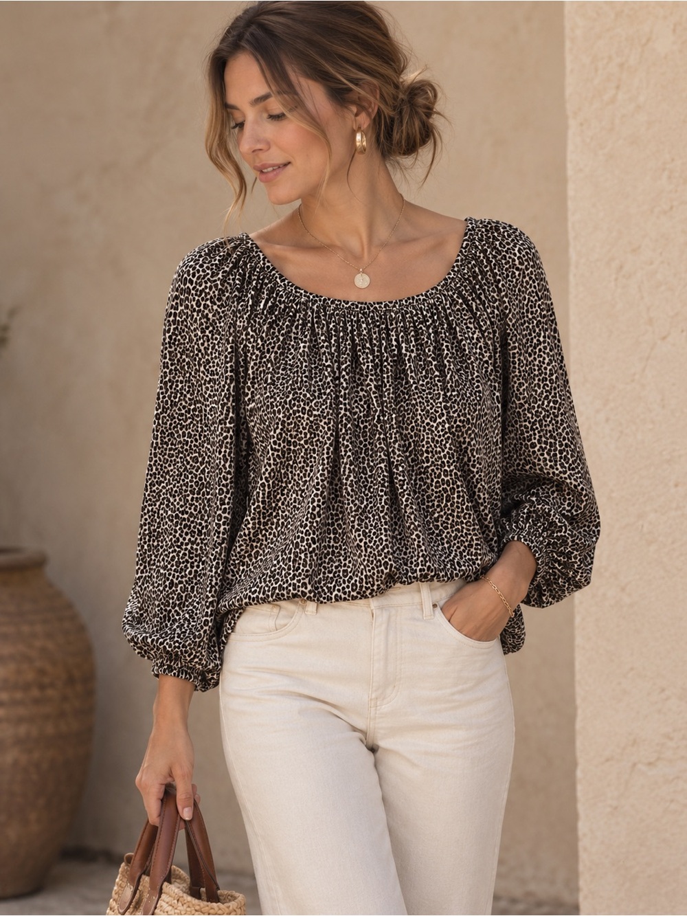 Michael Kors Black and Cream Leopard-Print Peasant Top